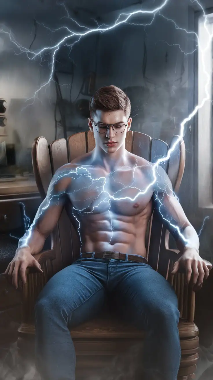 A violent thunderstorm sends luminous blue lightning coursing through the body of an average college guy. 18 years old. Photorealistic.