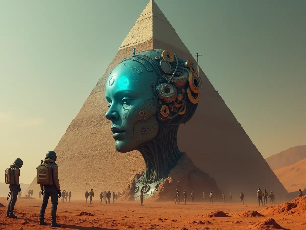 Create a high-resolution, realistic image of artificial intelligence Robert, 10 meters tall, with an alien pyramid with gears on his cheeks and a glass head with a visible glowing sapphire brain, screws with many people with helmets and breathing masks on the ground, Mars at 4k resolution.