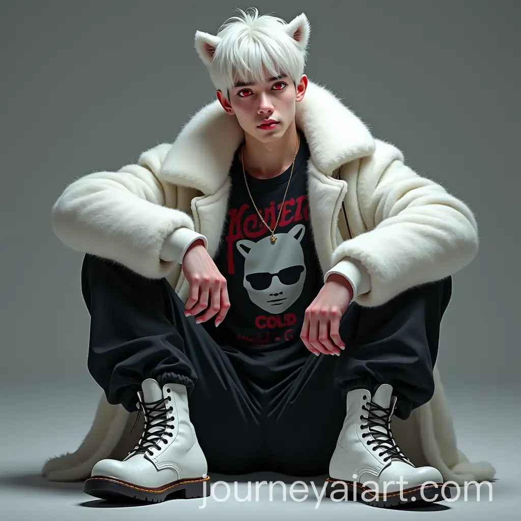 AI-Image-Prompt-ExpansionYoung-Man-with-Polar-Bear-Ears-in-Black-and-White-Outfit-Sitting-on-Ground