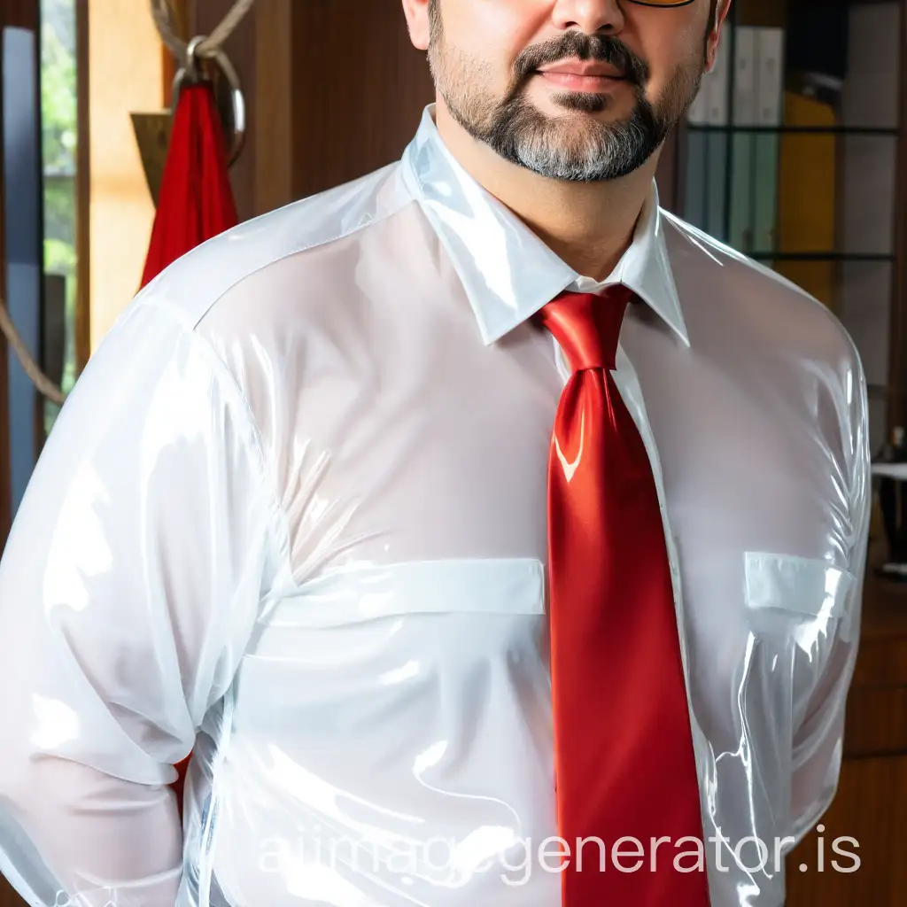 Chubby-Businessman-with-Tied-Hands-in-Shiny-PVC-Outfit-in-Office