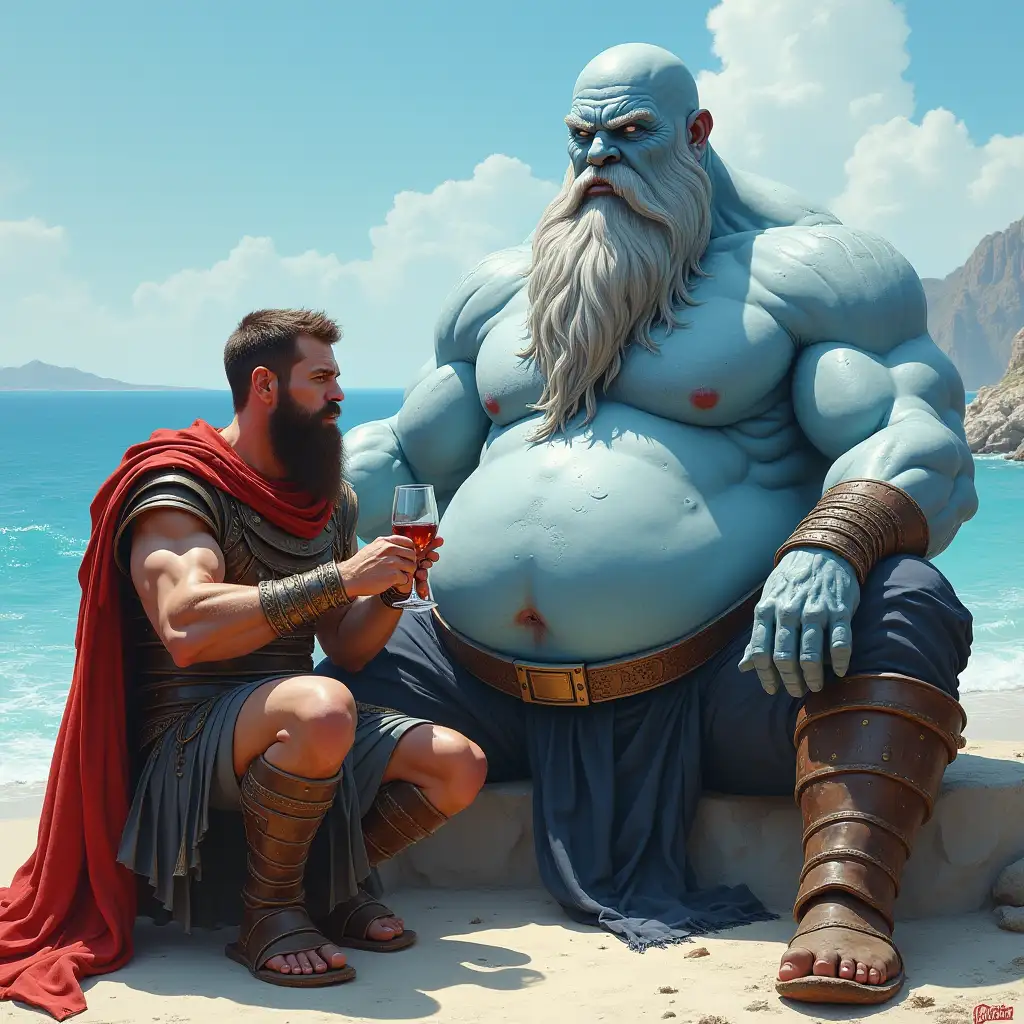 Ice-Giant-and-Spartan-General-Drinking-Wine-on-Greek-Beach