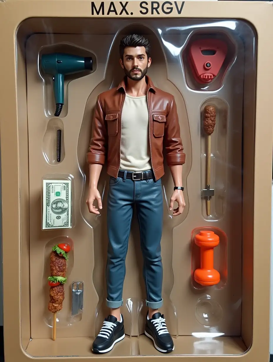 Create a realistic collectible figurine of a person in a photo. The figurine should be full size and fit into a transparent plastic case with a cardboard background, like real collectible toys. Make the packaging as realistic as possible - shiny plastic, sections for items and a toy store style design. On the box, write the brand 'MAX.SRGV'. Place items next to the figurine: a hairdryer and comb, a pack of money, a skewer with shish kebab and a 13 kg dumbbell. Make the figure in the style of BARBI MAN