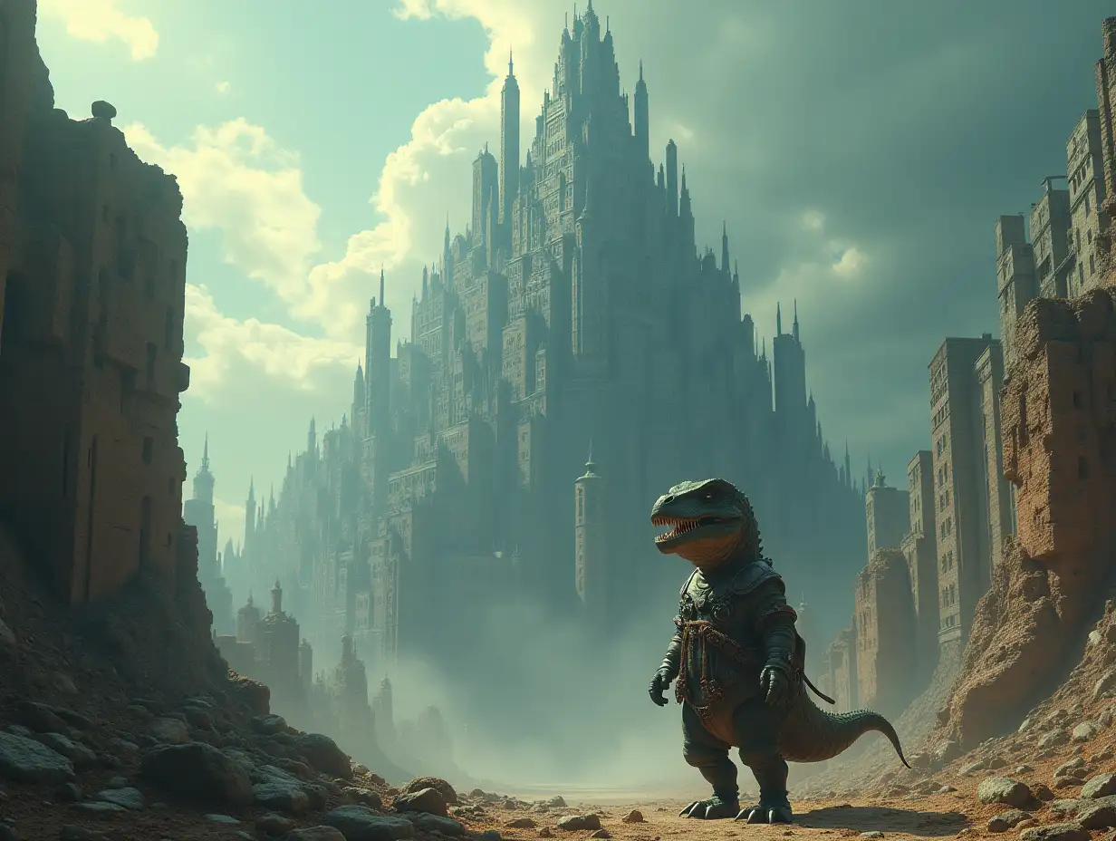 A gigantic dystopian (fractal:1.5) city. Hitting the sky. Strange, fictional. Hallucination. a zelkozaure dinosaur is walking in, it is dressed with fictional costume. fantasy setting. Sf elements, Photography, Still shot from d&d movie