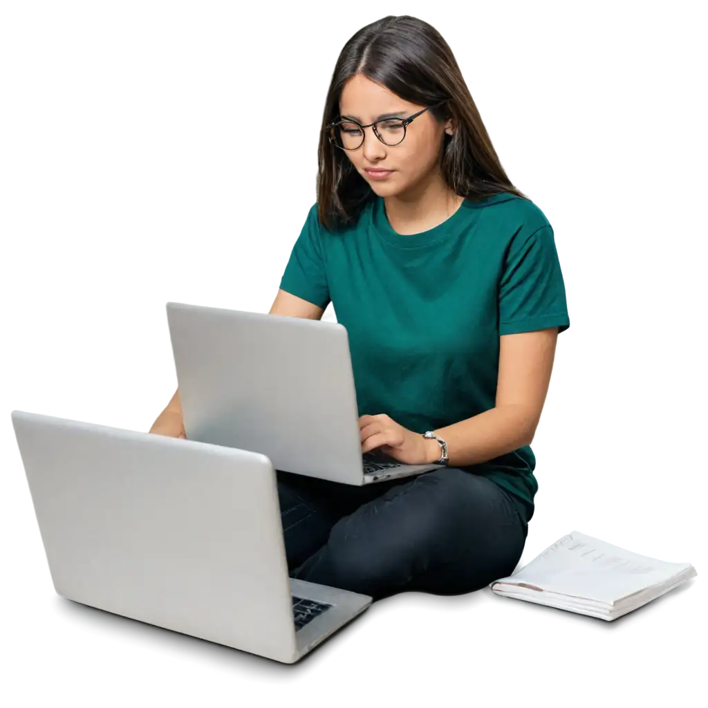 Girl-in-Glasses-and-Dark-Green-Jersey-Working-on-Laptop-HighQuality-PNG-Image