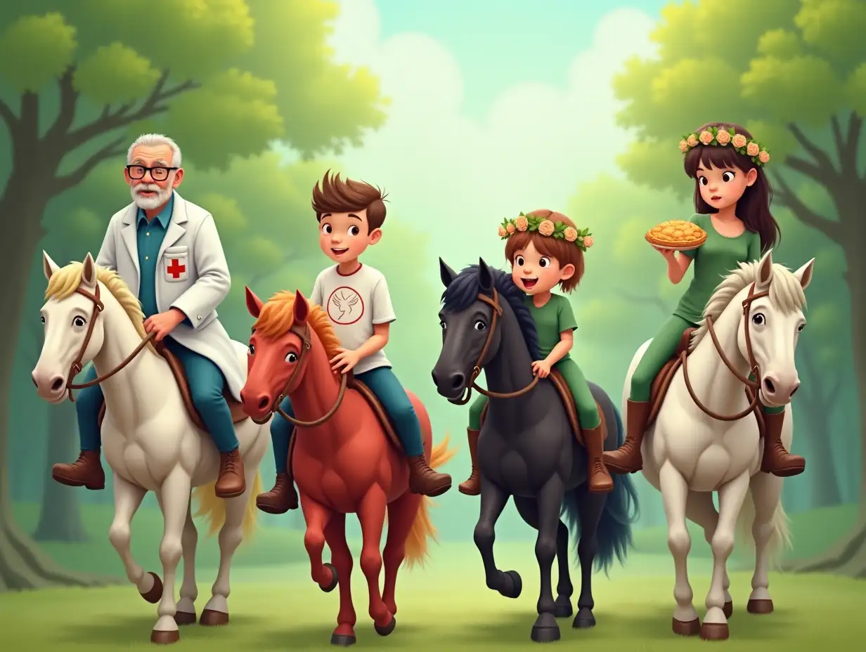 Background - green spring forest. Four riders from left to right. The first rider, an elderly man with glasses on a white horse in a white medical coat with a medical bag on a strap with a red cross. The second rider, a young intelligent-looking boy on a red horse, wearing a T-shirt with a large emblem of the pacifier (dove's foot). The third rider on a black horse, a chubby guy who eats a pie with his left hand. The fourth rider, a young girl in a green dress and a wreath of roses on a pale horse, sits in a woman's saddle.