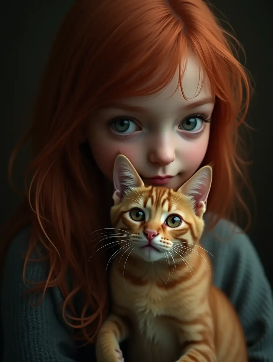 Charming Redhead Girl Cuddling a Red Cat in a Dreamy Hyperrealistic Setting