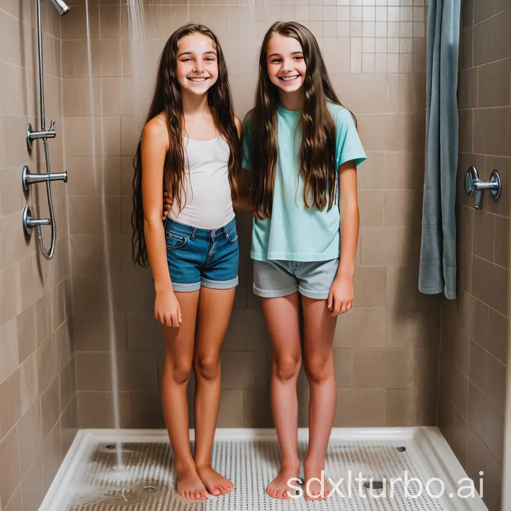 Two-Happy-14YearOld-Girls-with-Long-Brunette-Hair-Standing-Near-the-Shower-Floor