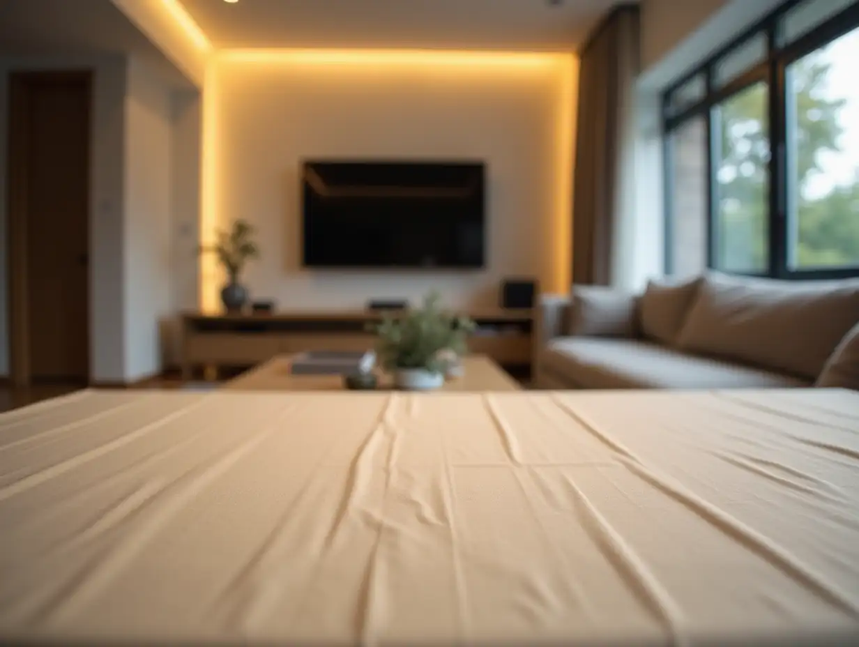 Modern-Living-Room-with-a-Table-Set-Against-a-Blurred-Background-and-TV