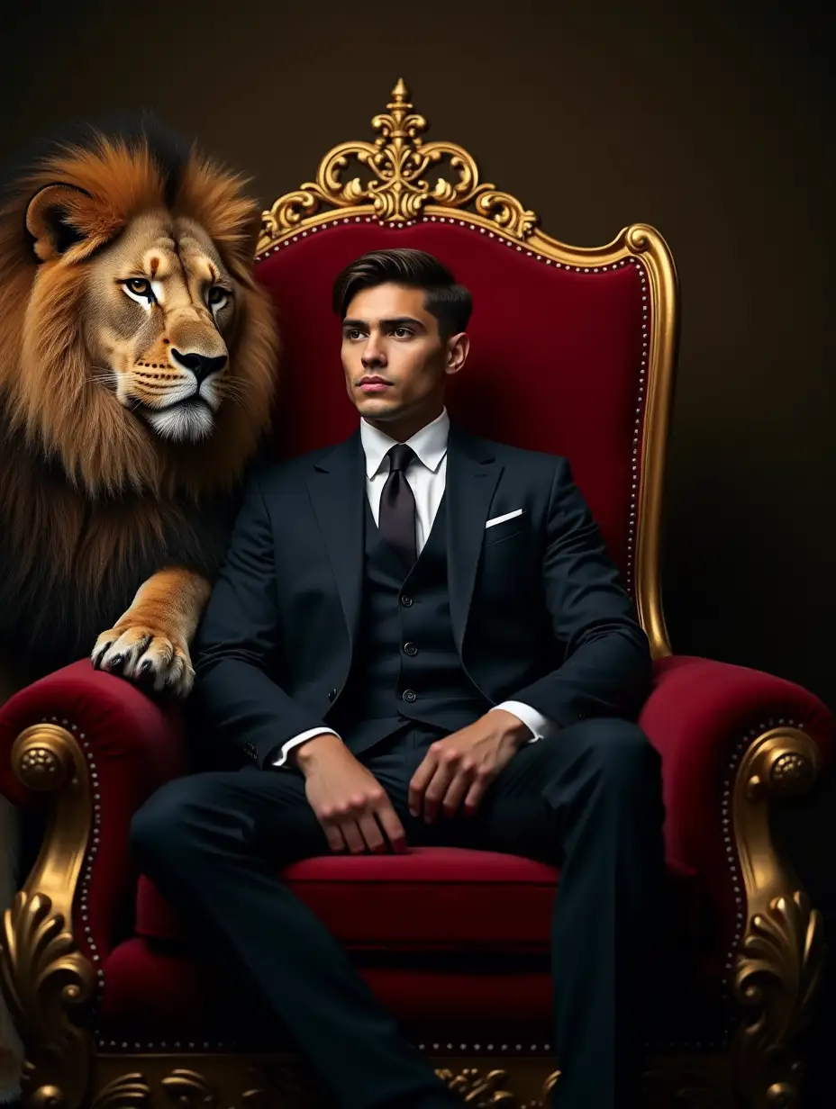 A young man in a dark navy suit and tie sits regal on a gilded, red throne, with a large, detailed lion positioned beside him in a dramatic, studio portrait style, evoking power and majesty, with rich textures in gold, red, and deep navy tones.