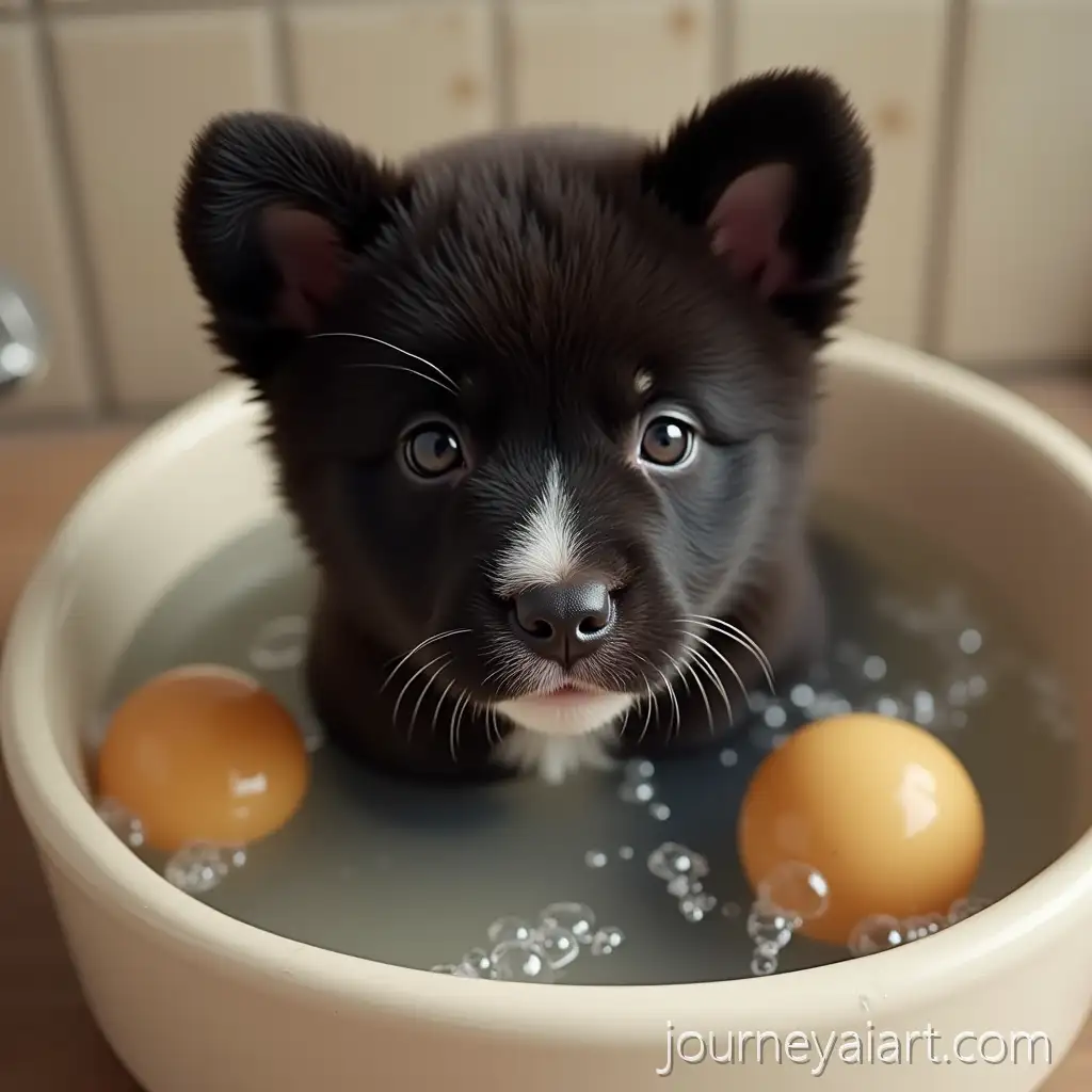 American-Akita-Puppy-Bathing-in-a-Ceramic-Bathtub-withAkita-puppy-bath-Bubbles-and-Ball