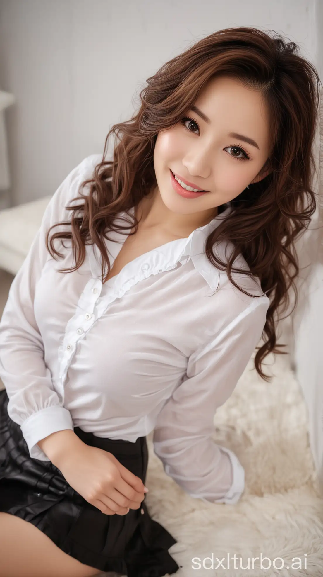 Chinese-Woman-with-Sweet-Smile-in-Winter-Outfit-Lying-in-Room