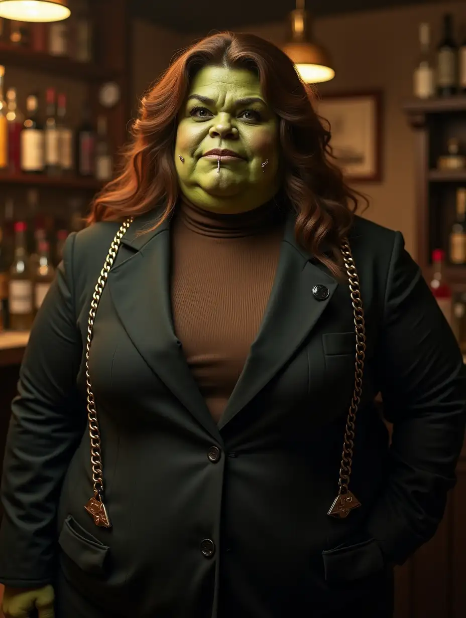 A tough maternal long-haired 8-foot-tall pale pallid lime green-skinned overweight pudgy bartending fantastical ogre woman, with bronze hair, has several gold lip piercings, and wears a brown 1920s turtleneck shirt under a cheap black suit with brass chain suspenders