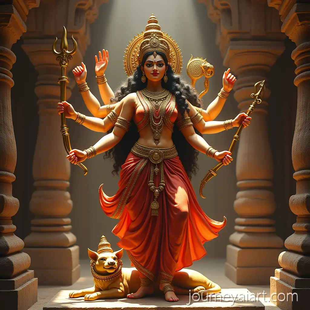 Majestic-Goddess-Durga-in-Bengal-Style-Standing-in-Ancient-TempleDurga-Goddess-in-Temple-with-Radiant-Presence