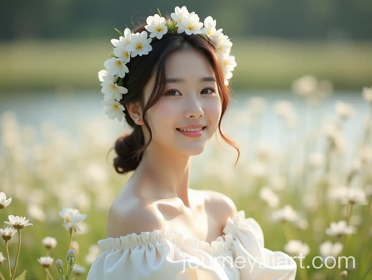 Kpop-Idol-in-White-Silk-Dress-in-Flower-Field-Near-Pond