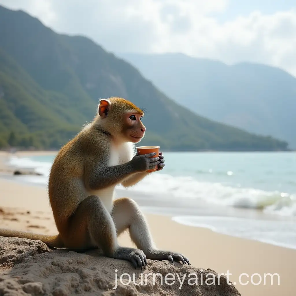 Squirrel-Monkey-Enjoying-Coffee-with-a-View-of-Mountains-and-Beach