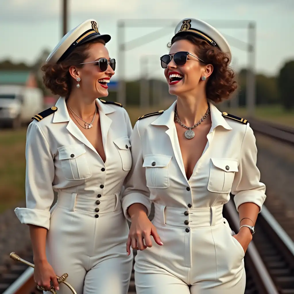 two White pinup plump girls wearing an white deep-necked railroad uniform shirt, laughing with her mouth open, red lipstick accentuating her smile, jewerly, aviator sunglasses, white skin, whip in hand, walking on rails, australia