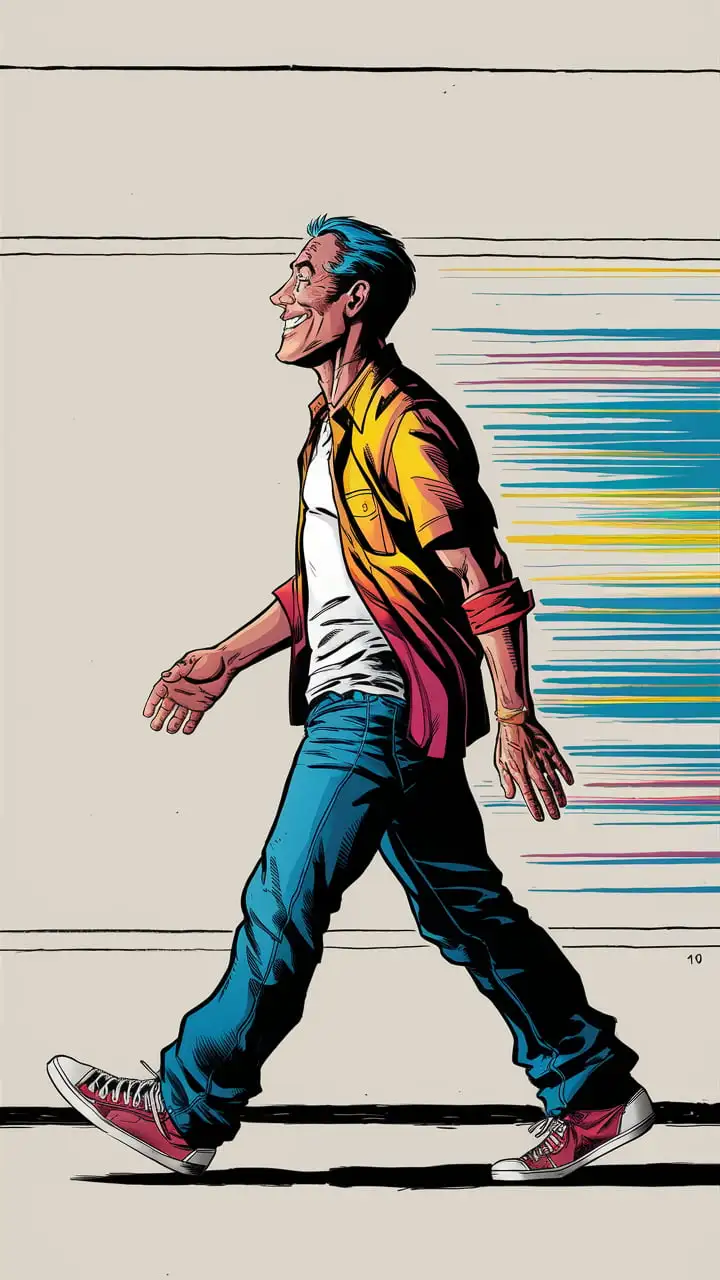 Casually Dressed Outgoing Man Walking Forward in Comic Book Style