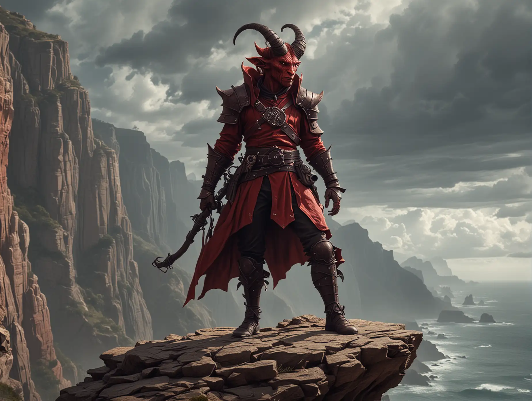 A red Tiefling man with a cannon stands on the edge of a cliff