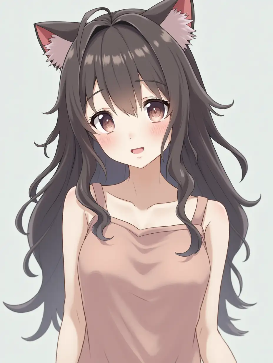 A calm 20-year-old Japanese woman with long, relaxed hair, wearing a one-piece cat ear outfit, similar to the style of Makoto Shinkai's anime.