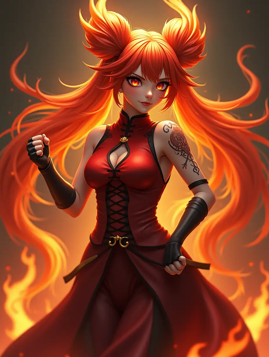 Intricately detailed, high-contrast, 8K resolution masterpiece of a captivating rat hybrid female with luxuriant, she has long, flowing hair that transitions from a fiery red at the scalp to a bright orange and yellow at the tips. The hair seems to be styled in a way that it looks like flames, giving a dynamic and fiery appearance. The hair also has a unique twin-tail style, tied up in two buns on top of the head. She is wearing a sleeveless red and black outfit that appears to be a chinese cheongsam. The top part is red with black straps, and the bottom part resembles a dark skirt. The character is posing with fistfight and is leaning slightly backward, giving a confident and somewhat defiant stance. The entire image has a fiery theme, with flames weaved into her hair and surrounding her figure, emphasizing a powerful and intense aura.  Inspired by the styles of  mystical, surreal landscapes, lifelike, realistic detail, hyper-realistic quality, (RAW photo)