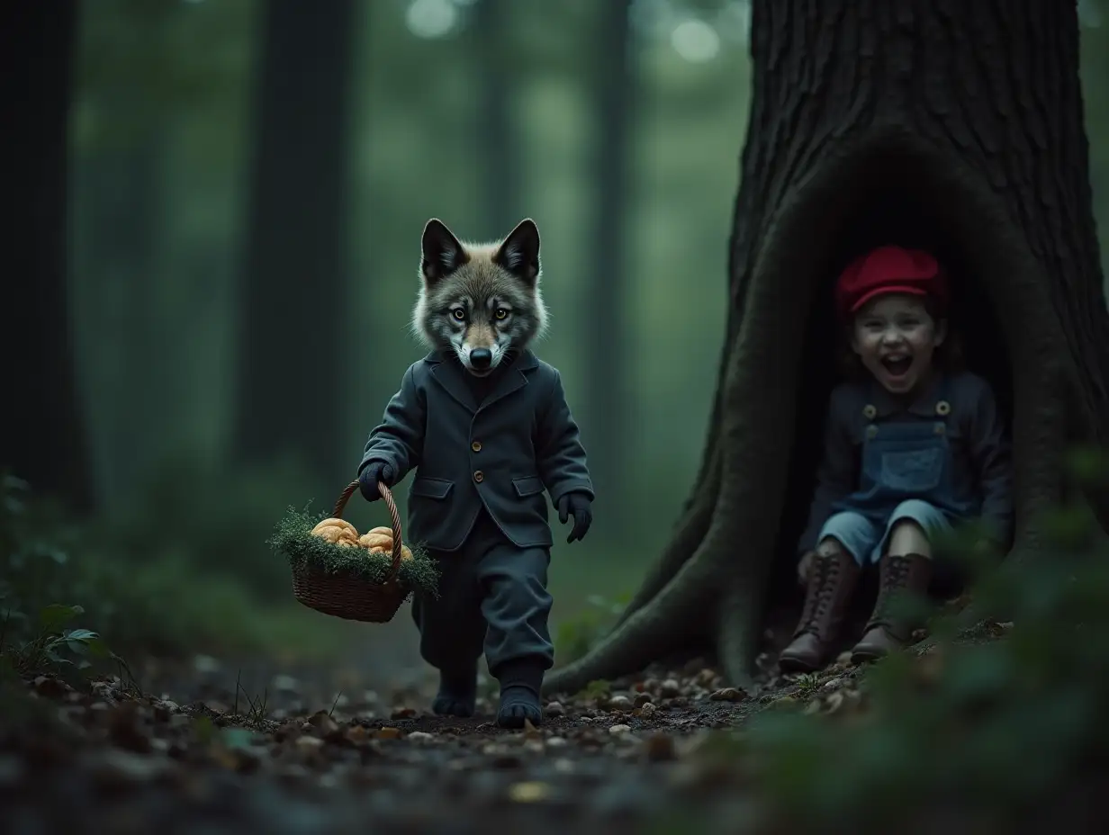 Through the dark forest walks a small wolf in a clean, tidy little suit, fearfully holding onto an ivy basket with pastries. Behind a tree hides a girl dressed like a maniac in a red cap, with a grinning mouth (fangs showing) watching the wolf. Horror movie.