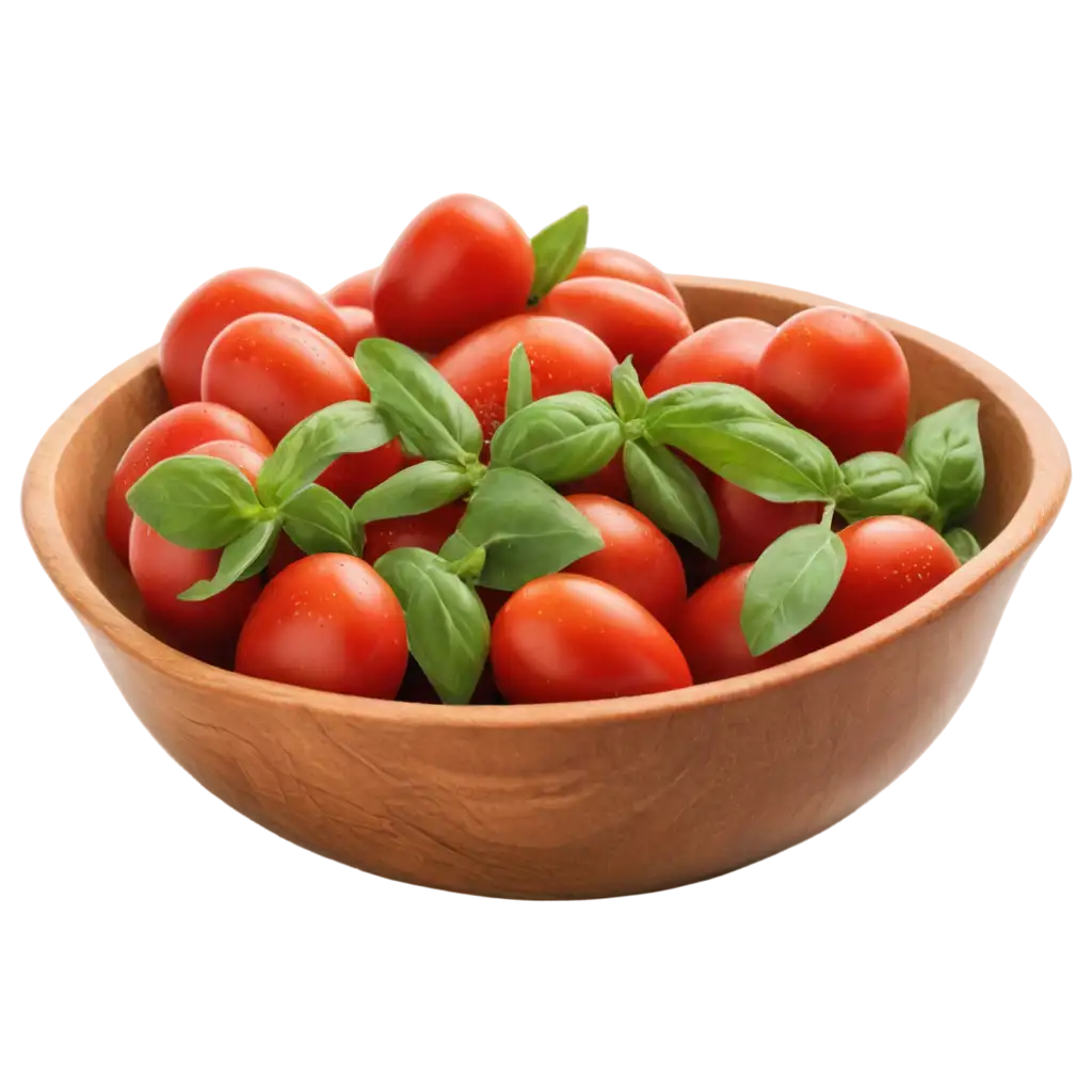 Fresh-Red-Cherry-Tomatoes-with-Basil-Leaves-in-Wooden-Bowl-PNG-Image-HighQuality-Versatile-Visual-Asset