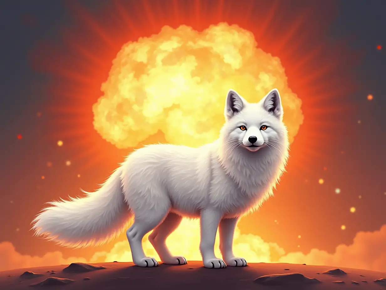 Background - nuclear explosion. A white fluffy polar fox is standing, the flash from the nuclear explosion looks like a halo around its head. Style is icon painting.