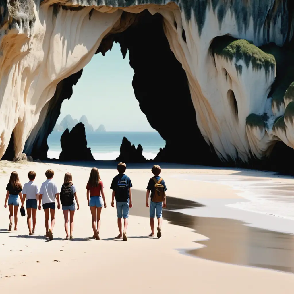 Teenagers-Walking-Towards-Cave-on-a-Beach-in-Dramatic-Film-Poster