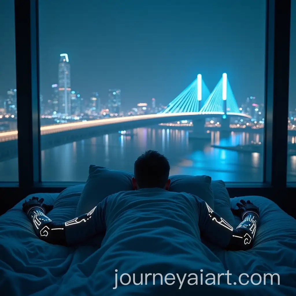 Futuristic-Tranquility-Lying-in-Bed-with-Cybernetic-Arms-and-Holographic-City-Views