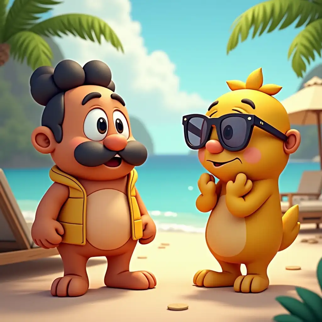 3D cartoon of Mr. Bhola and Miss Smart on an exclusive vacation, enjoying luxury accommodations and activities.nnMr. Bhola and Miss Smart are experiencing a lavish vacation, humorously reacting to their luxurious surroundings and activities.