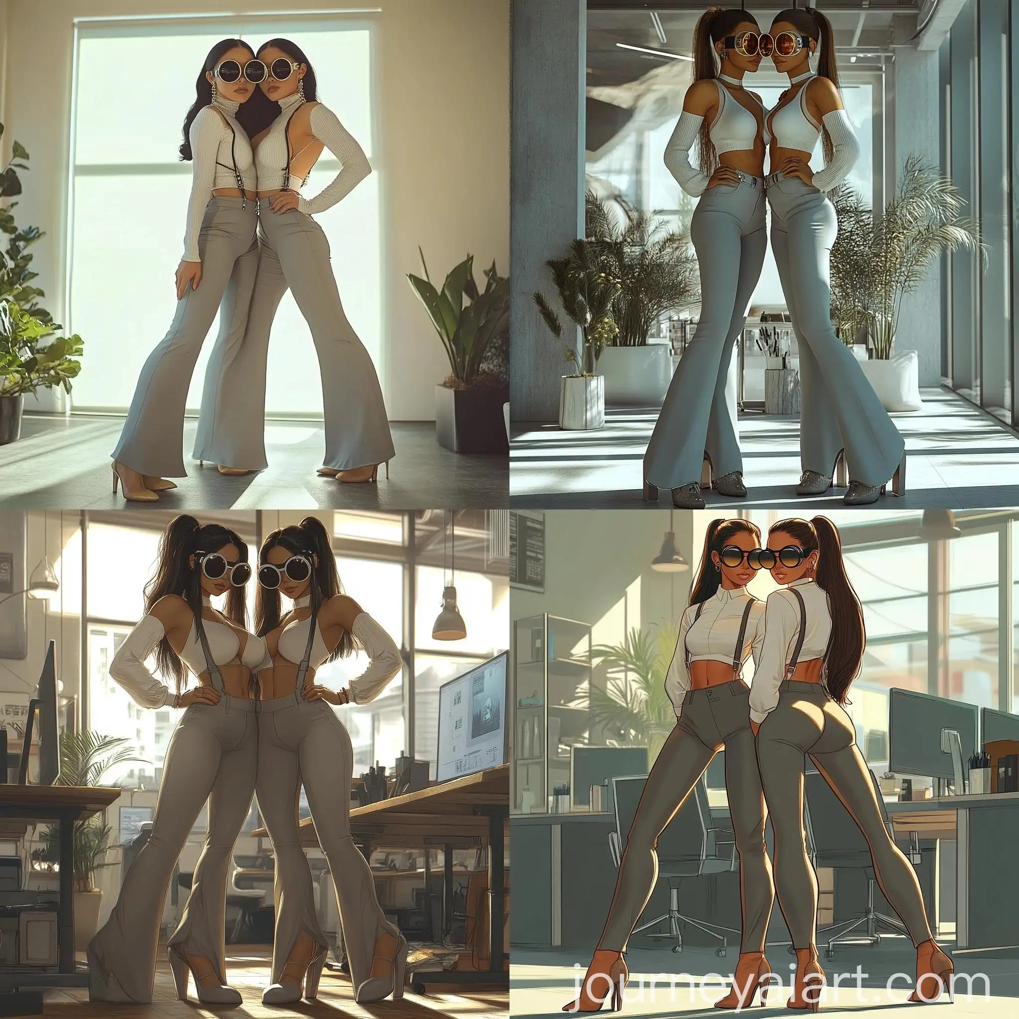 Two-Tall-Latina-Businesswomen-Hugging-in-Office-with-Stylish-Attire-and-Goggles