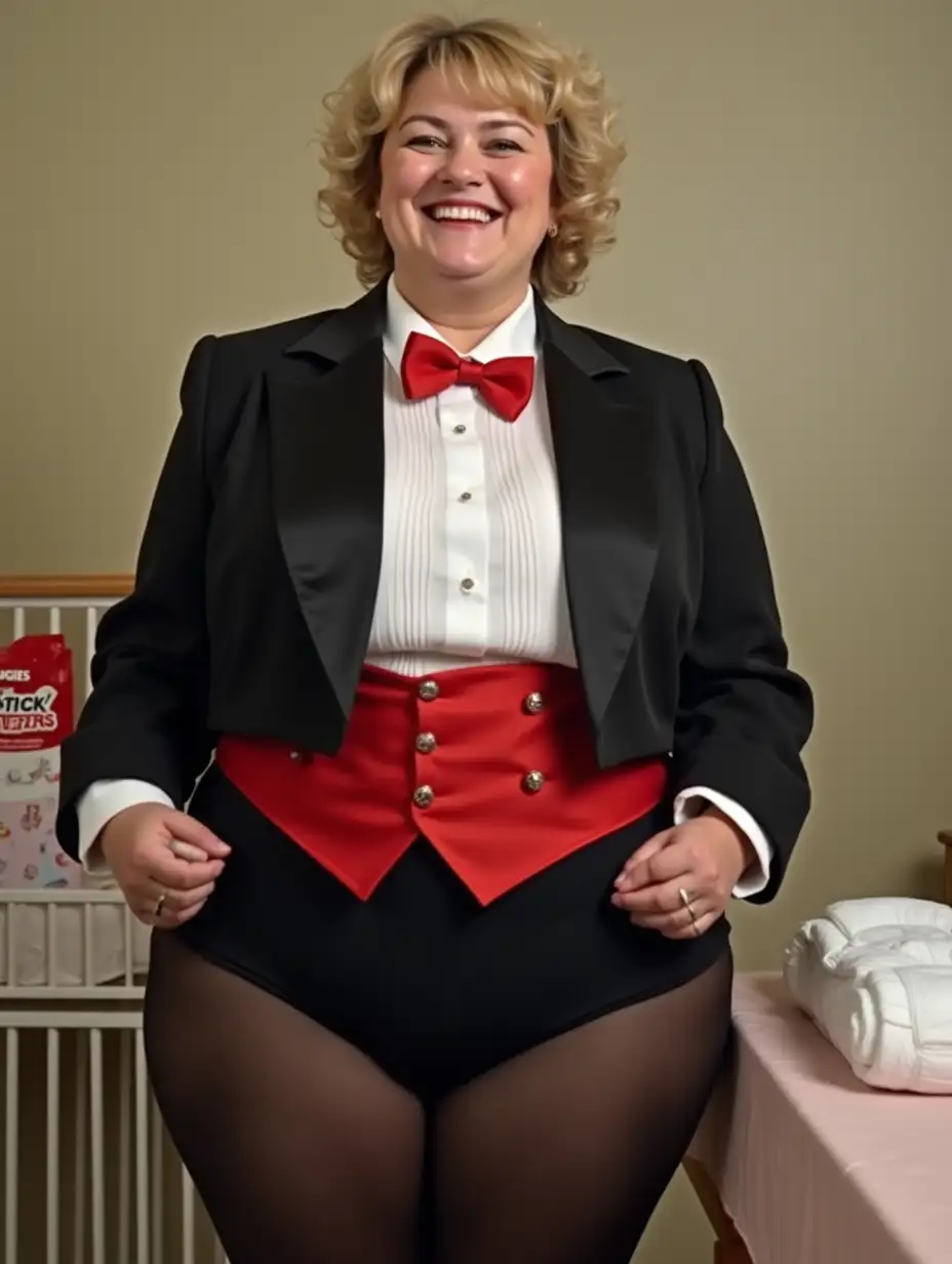 Caucasian-Woman-in-Formal-Attire-Unfolding-Diaper-in-Nursery