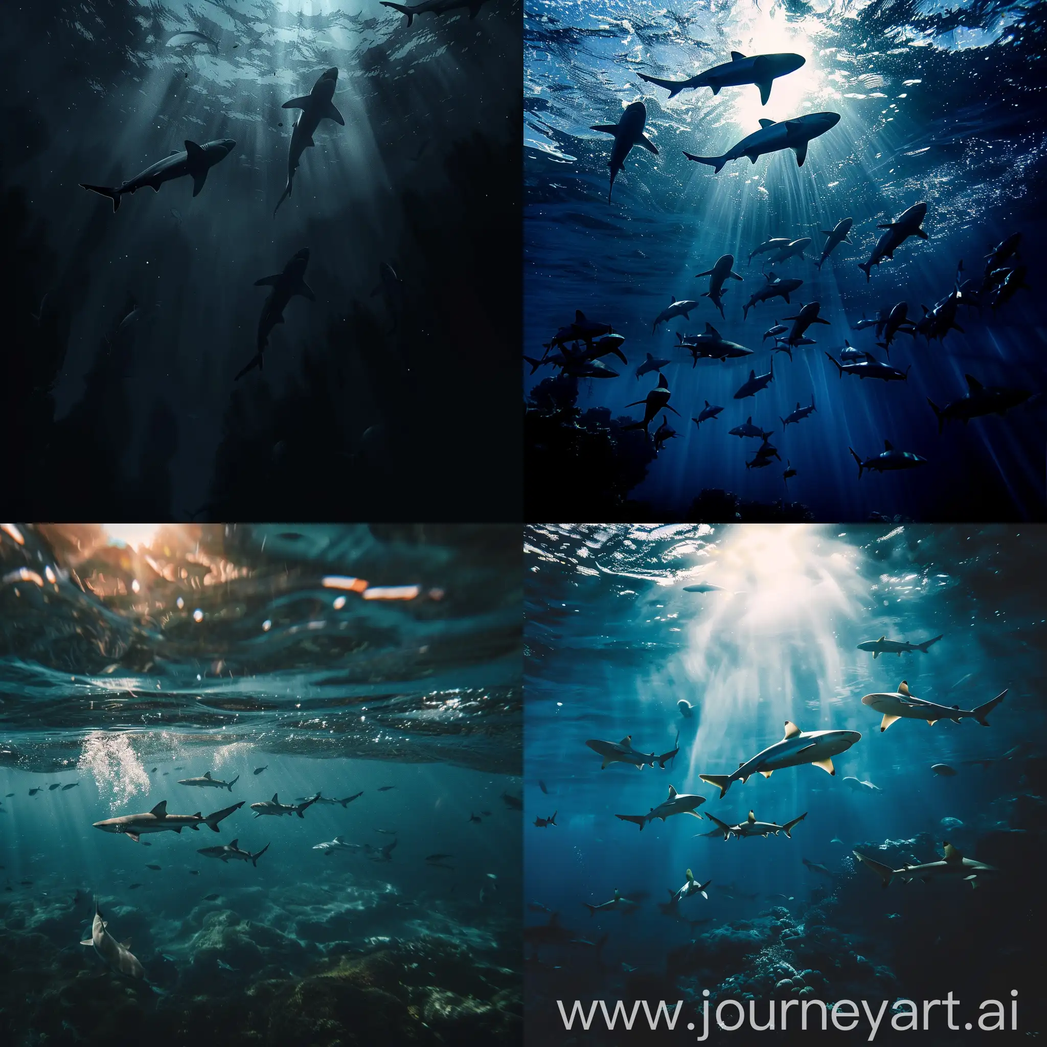 School-of-Small-Sharks-Swimming-in-Ocean-Depths