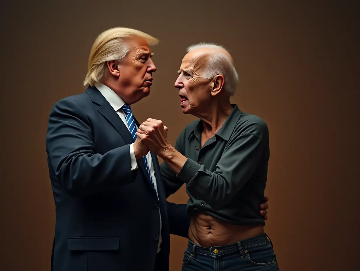 Create a high-resolution, realistic image of Donald Trump dancing with emaciated Biden with torn pants in 4K resolution.