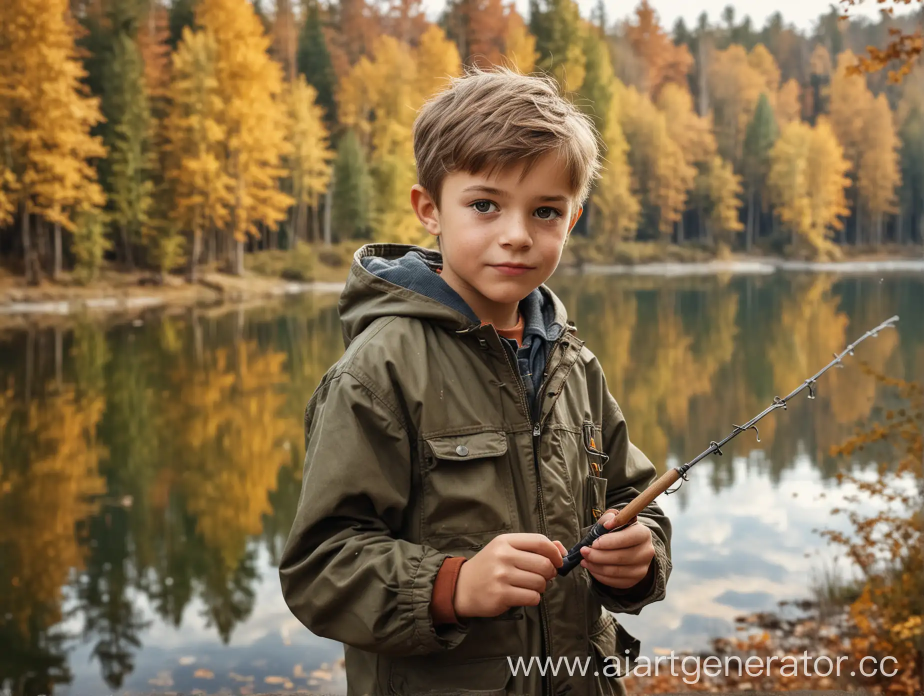 Boy-Fisherman-with-Fishing-Rod-by-Autumn-Lake