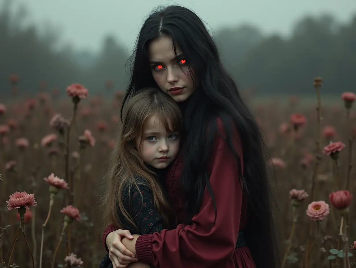 A young woman vampire standing in a field of dead flowers with a young girl vampire around the age of 14, hugging her around her waist. The Young woman vampire looks happy. Make the image in the style of heavy metal magazine 1988. They should have glowing eyes and look undead.