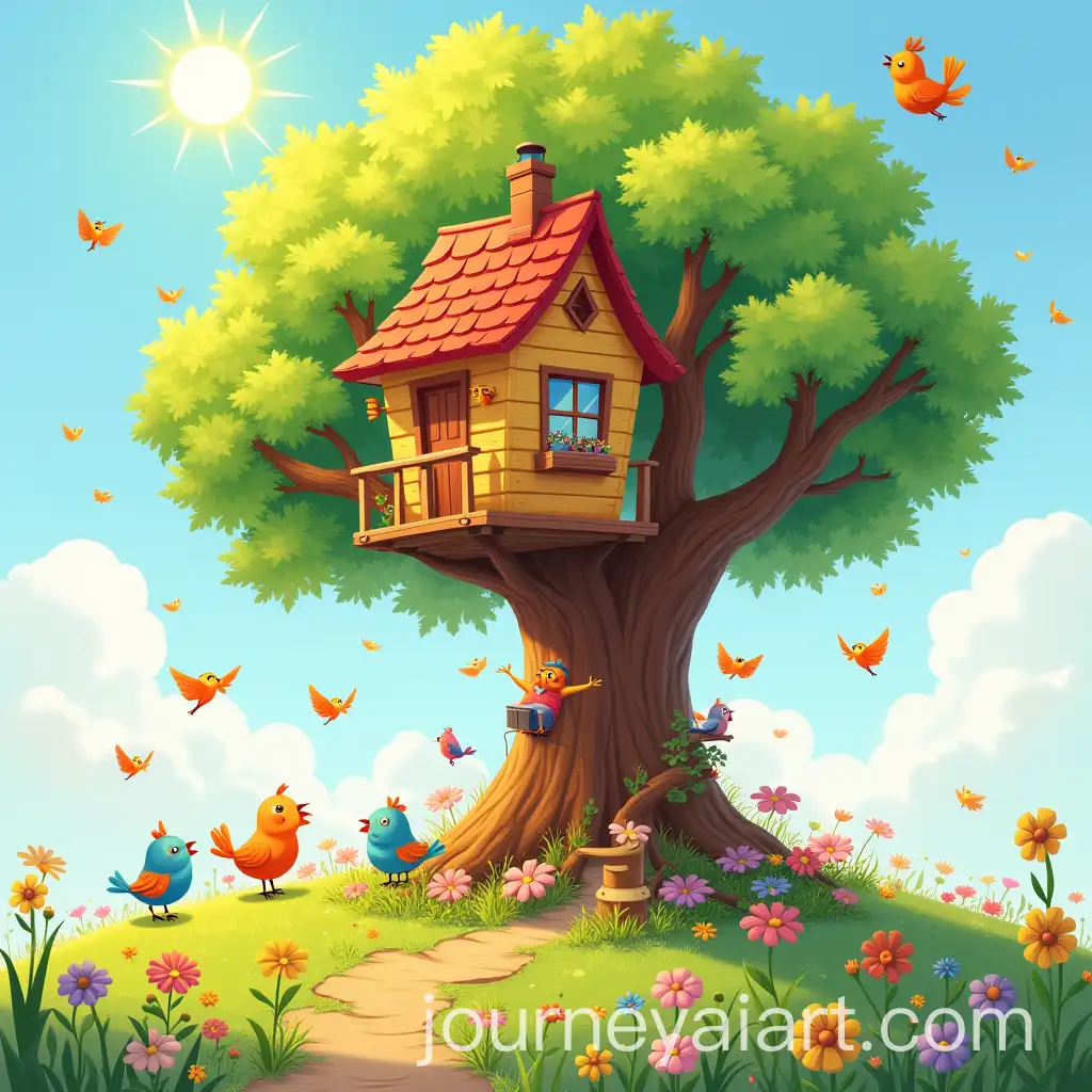 Sunny-Treehouse-Surrounded-by-Flowers-and-Birds