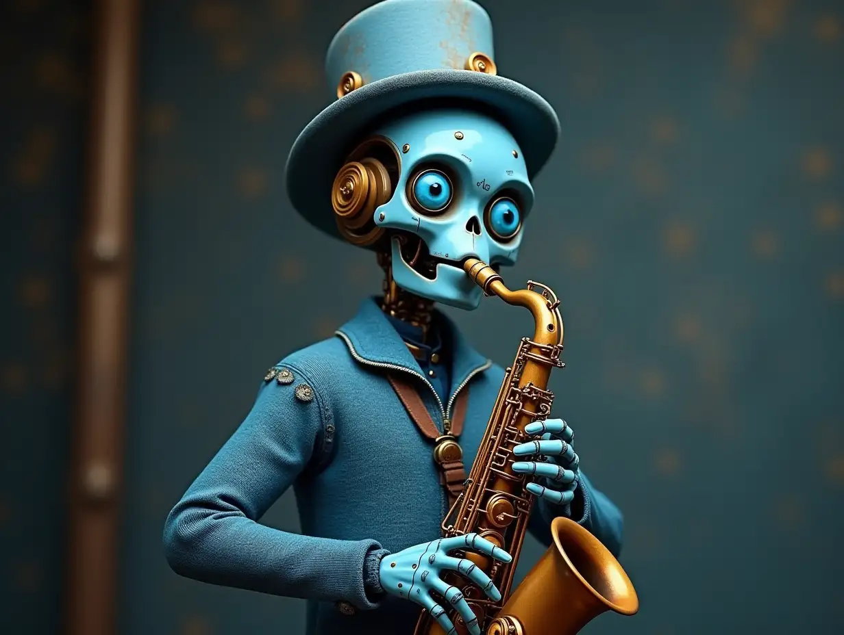 Create a high-resolution, realistic image of a robot with a skeletal body, blue eyes, blue porcelain hands and head, a sweater, a Steampunk top hat, and a saxophone in 4K resolution (Steampunk 8K quality)