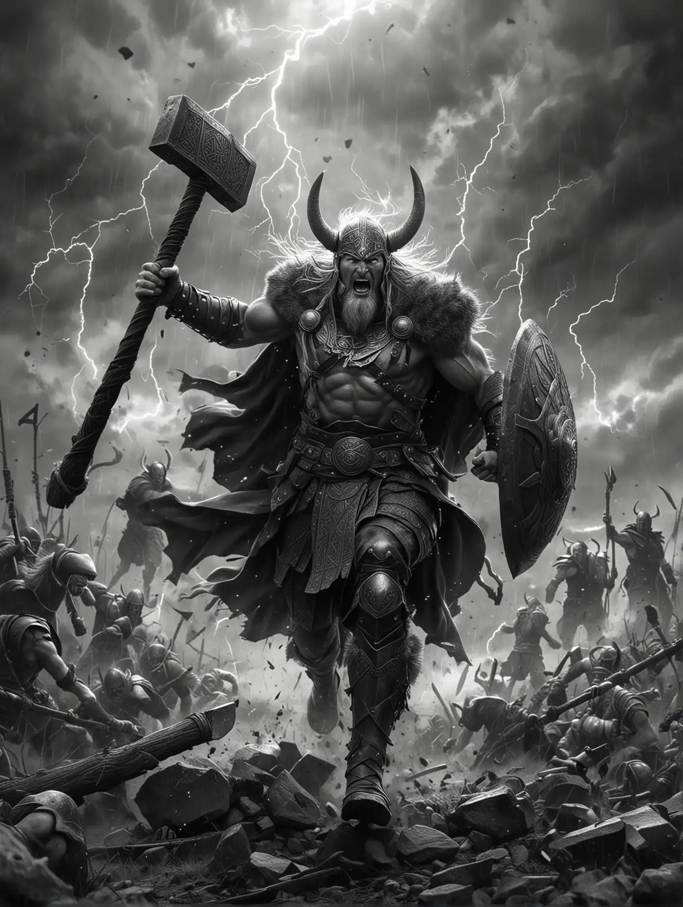 Depict the thunder god of the Norse. Show him running across the battlefield, while swinging his hammer hard against an oncoming foe. Upon striking this unlucky foe, lightning erupts from his hammer in all directions. Also depict the whole of the Aesir army behind him in the background. Show this scene in grayscale.