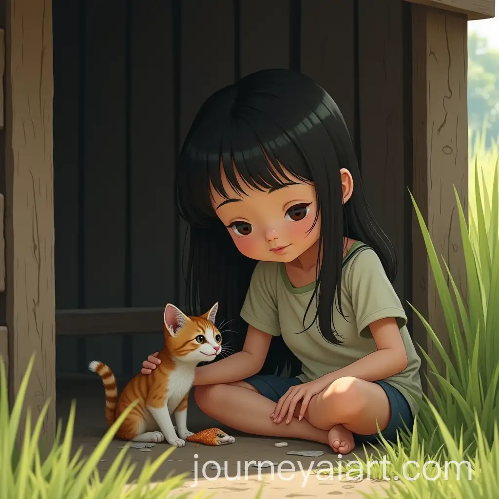8YearOld-Girl-Caring-for-Sick-Kitten-in-Wooden-Hut-by-Rice-Field