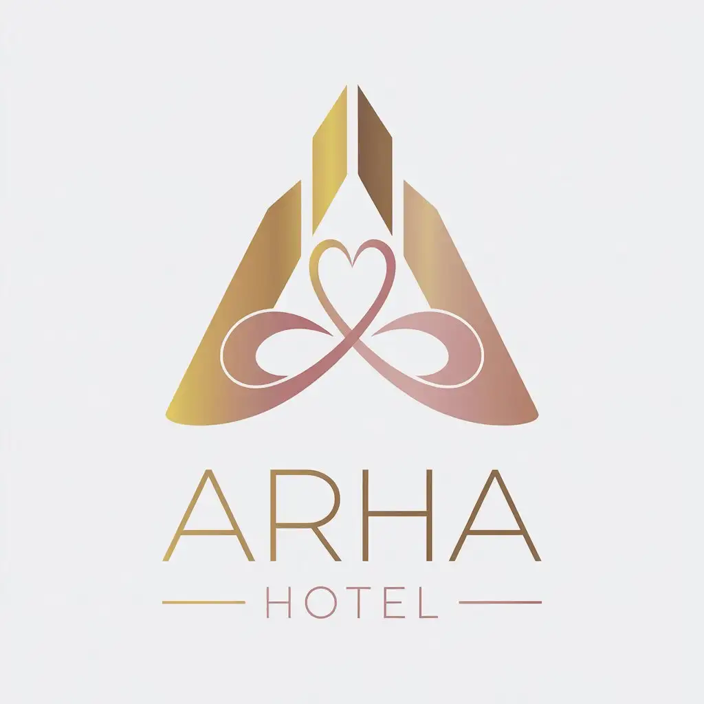 LOGO Design for ARHA Hotel Modern Geometric Building with Amore Heart Symbol in Gold and Copper Rose Gradation