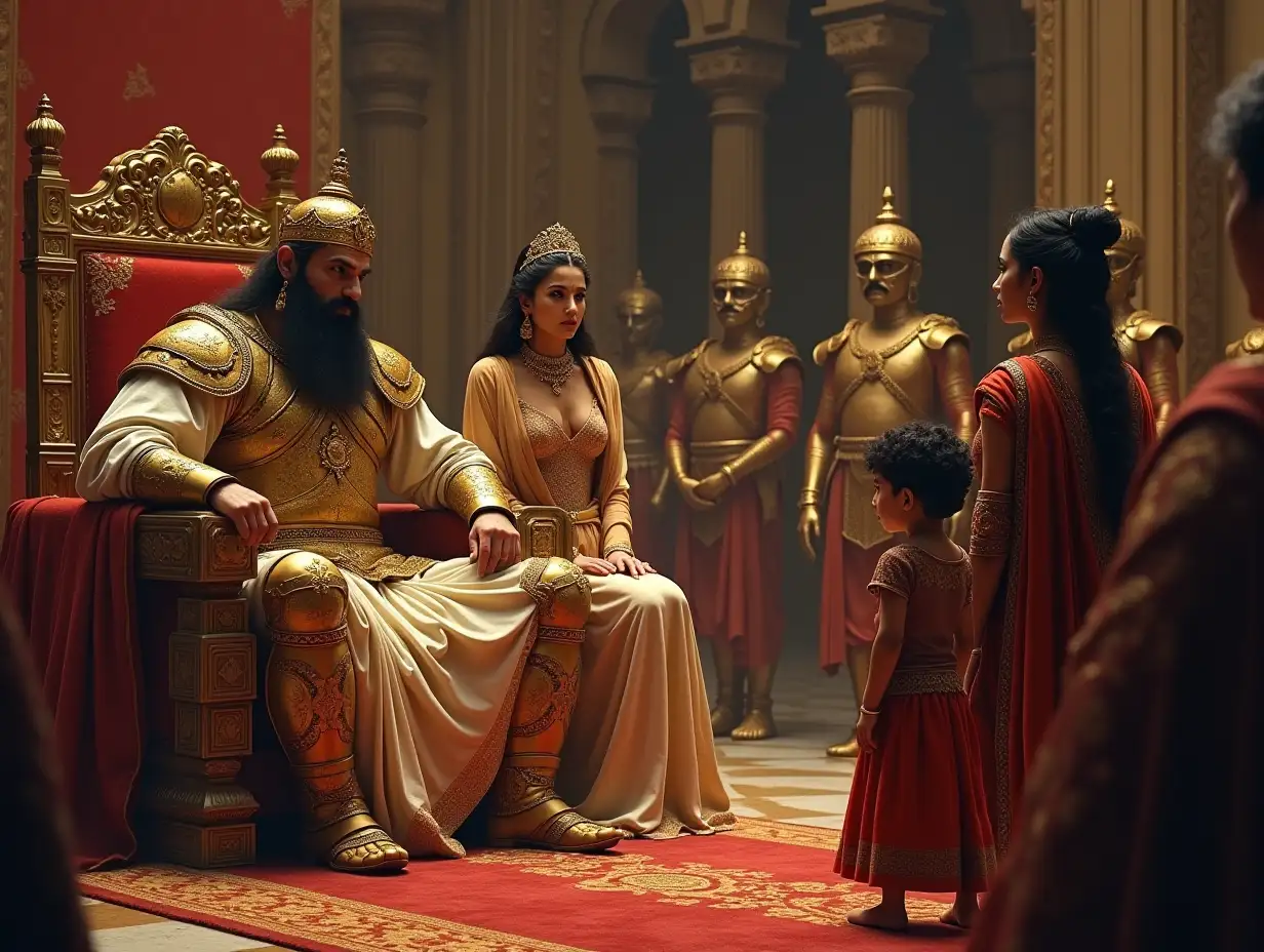 The king, dressed in golden armor, sits on a grand throne in a royal hall, surrounded by his advisors. The queen, in her elegant royal attire, stands beside him, looking concerned but determined. The young boy, Arjun, stands in front of the king, narrating his discovery of the cave. The atmosphere is serious and focused, with intricate palace interiors and guards standing at attention in the background.