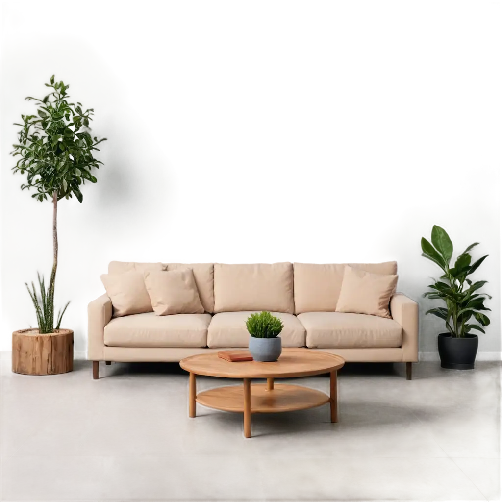 A minimalist living room with a beige sofa, wooden coffee table, and potted plants on the floor