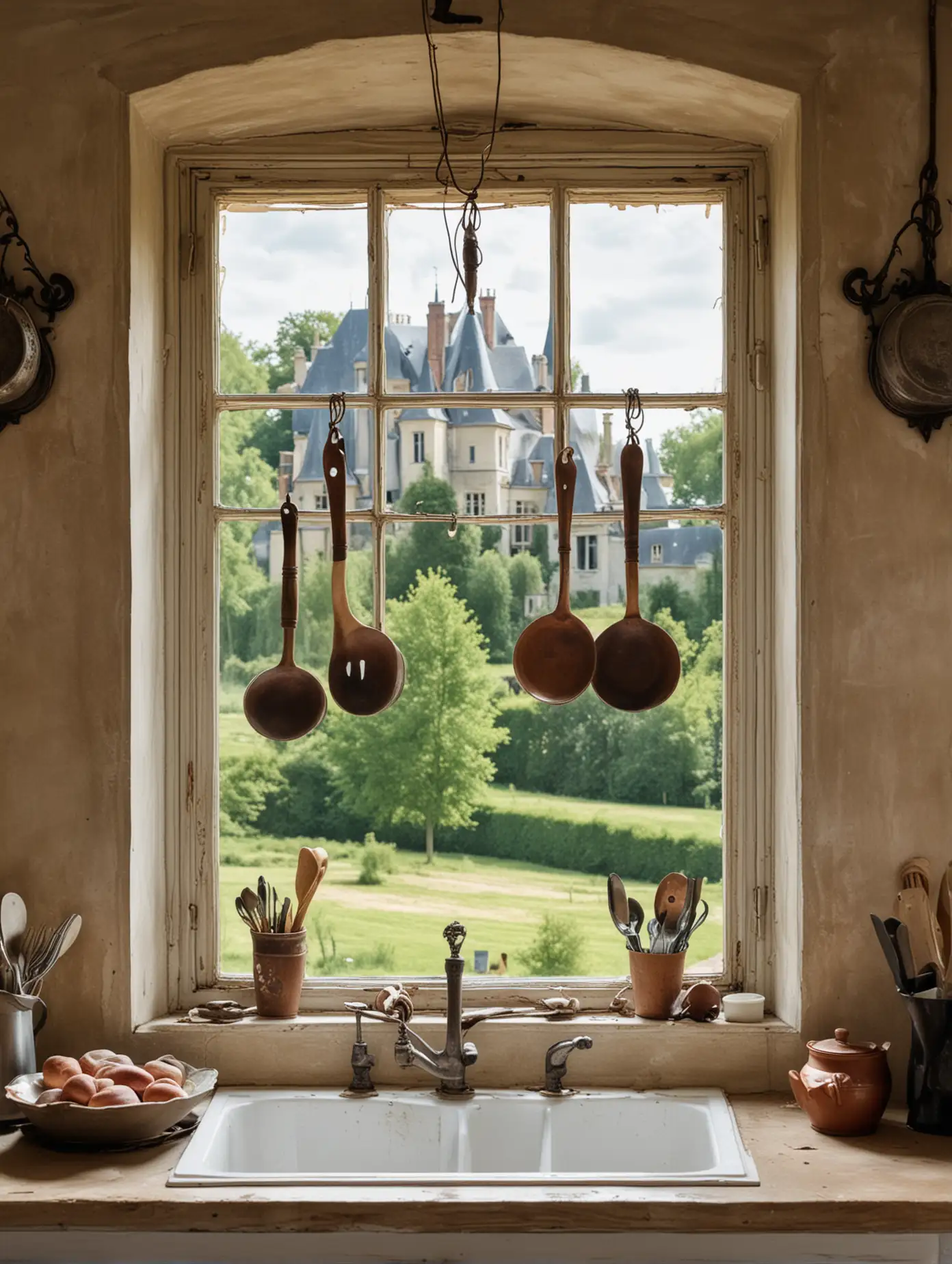 French Chateau View from Farmhouse Kitchen Window with Hanging Utensils