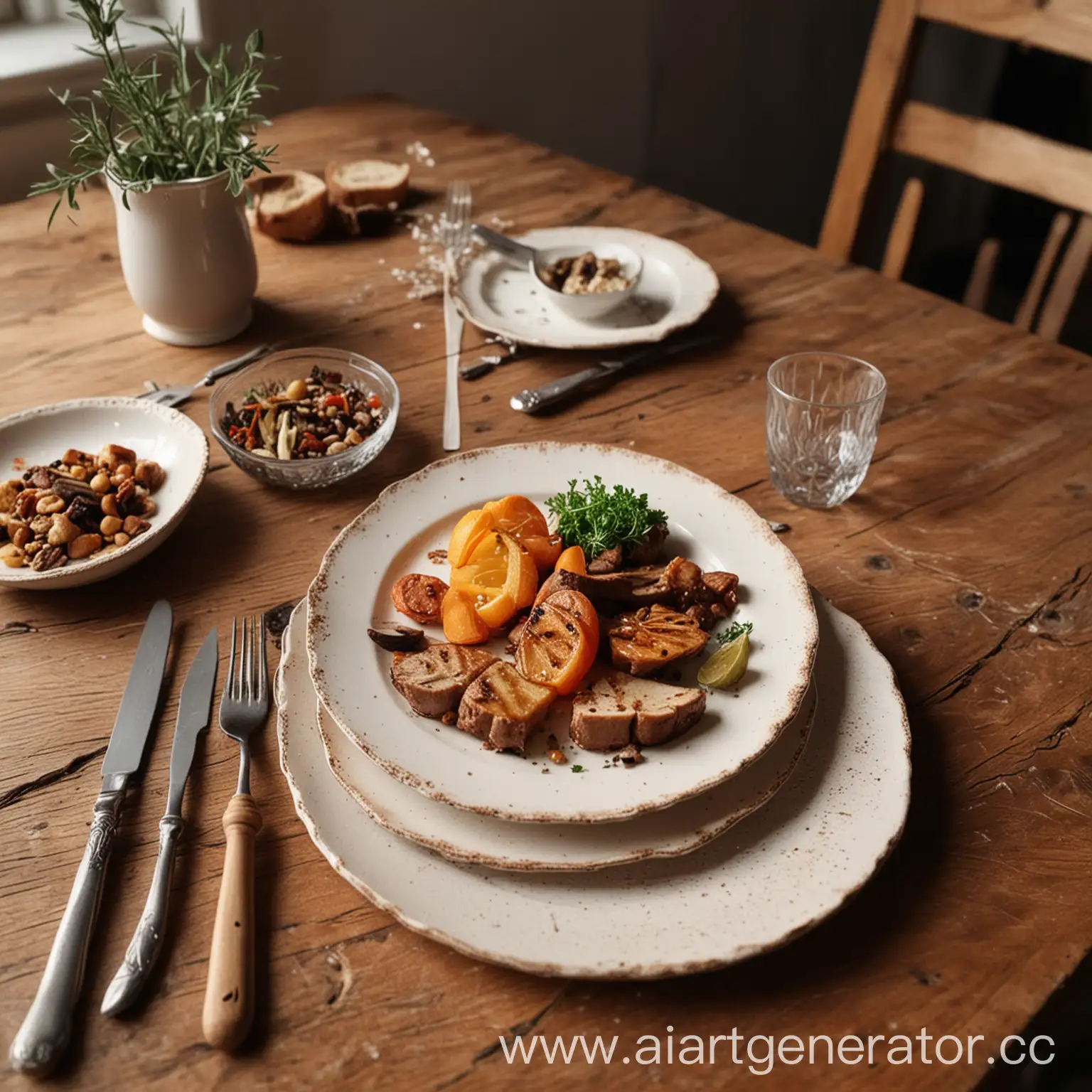 a wooden table. on the table there is a beautiful plate with food, next to the plate there is a knife and fork. A bright light