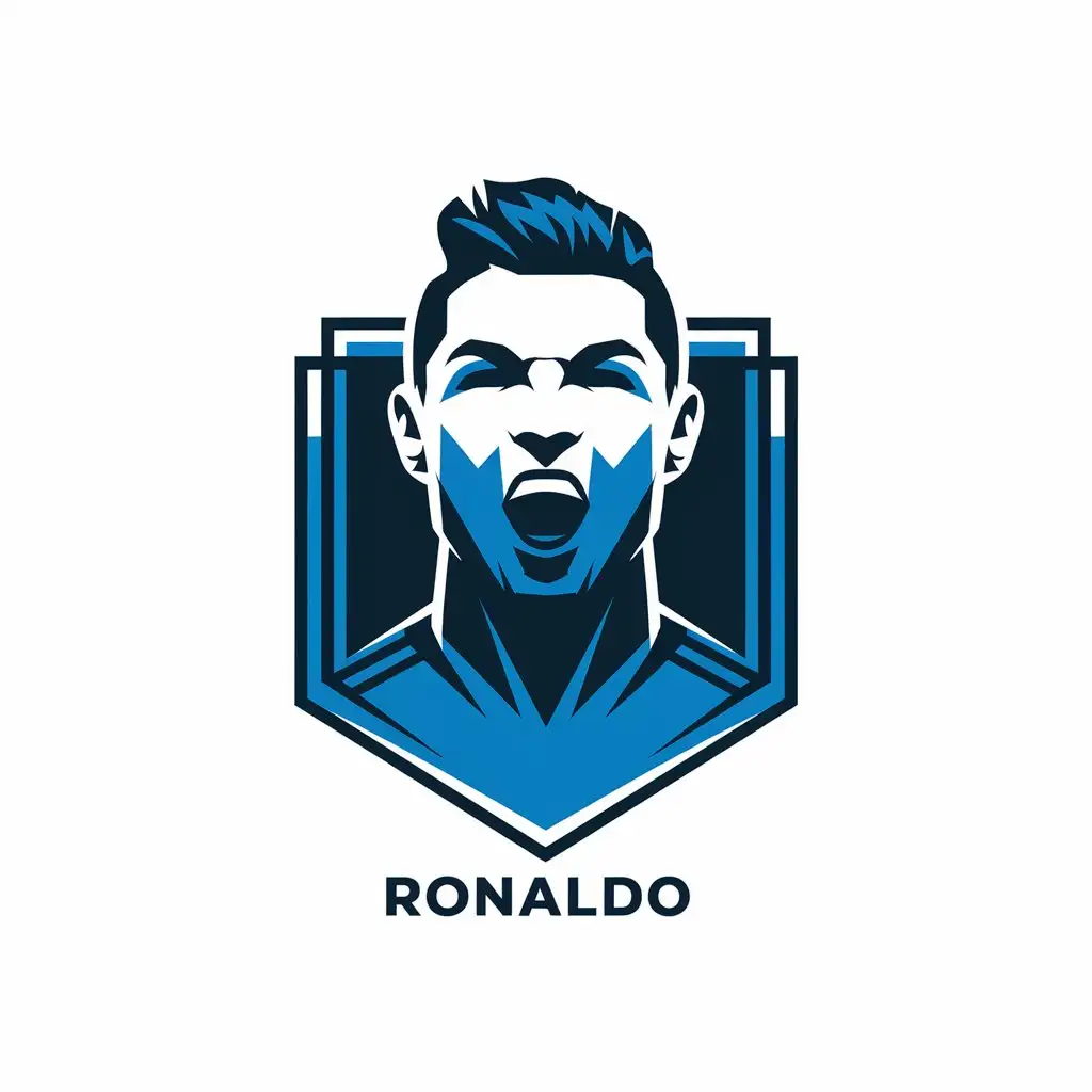 a vector logo design,with the text "Ronaldo ", main symbol:Design a modern and minimalist logo featuring Cristiano Ronaldo, capturing his iconic roaring pose. The logo should focus on abstract and geometric lines to represent his facial features and hairstyle. Incorporate his name 'Cristiano Ronaldo' into the design using bold, sleek typography that complements the overall shape of the logo. The design should convey power, energy, and confidence, with a clean and professional aesthetic. Use a simple, monochromatic color scheme to keep the focus on the form and structure.,Moderate,clear background