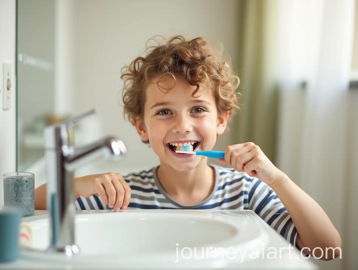 Smiling-AngloAmerican-Child-Brushing-Teeth-at-the-Sink