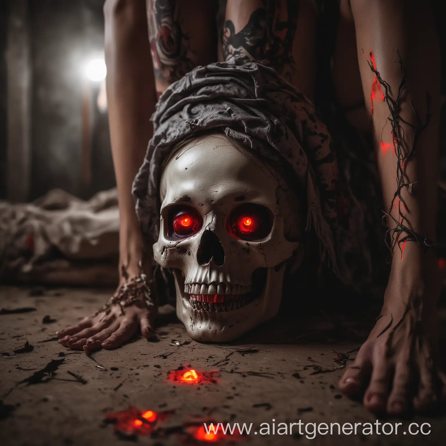 Glowing-RedEyed-Skull-Resting-on-Girls-Legs-in-Blurred-Background