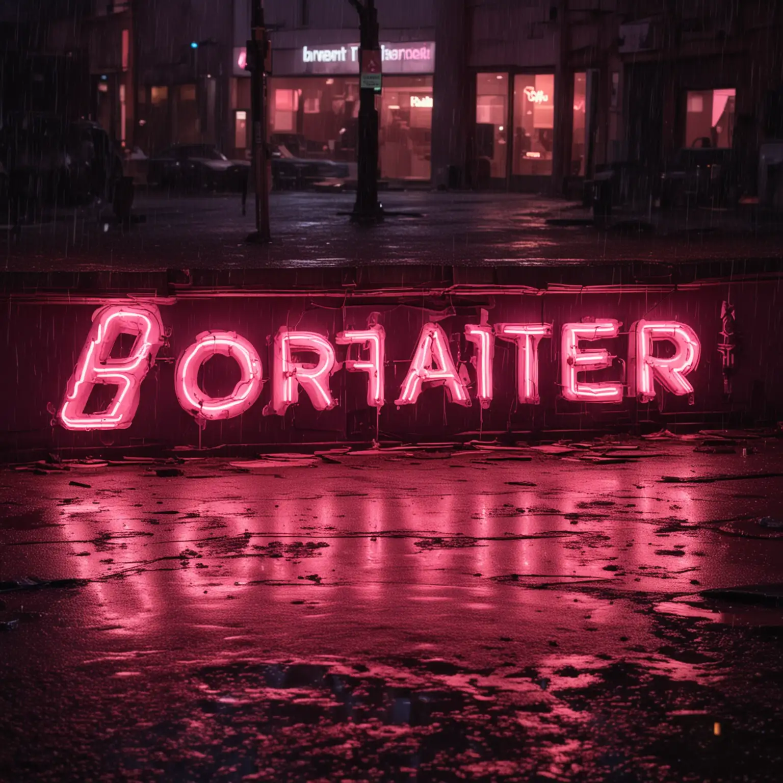 A fluorescent pink neon sign named Borhater in the foreground. It's night and raining, reflecting the light of the sign on the puddles