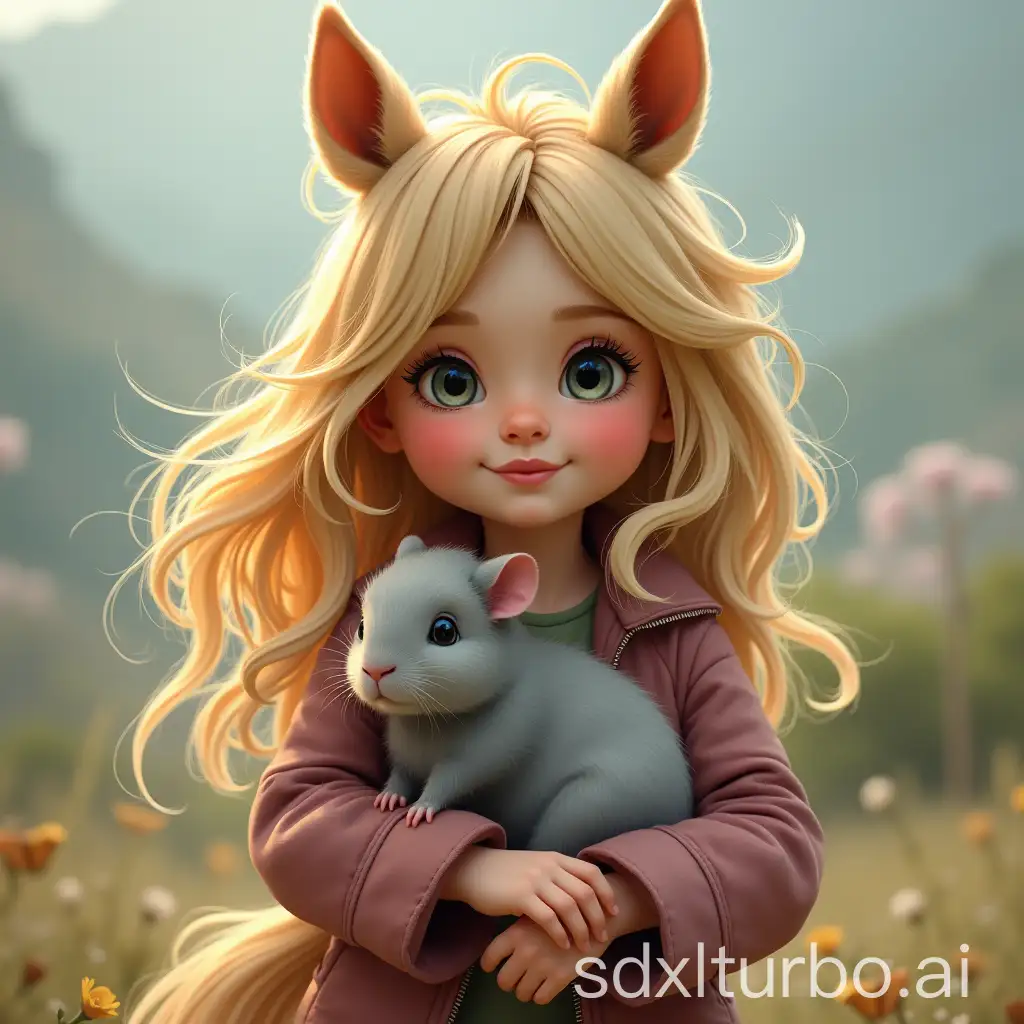 A girl without a pony with blonde and a grey guinea pig in her arm